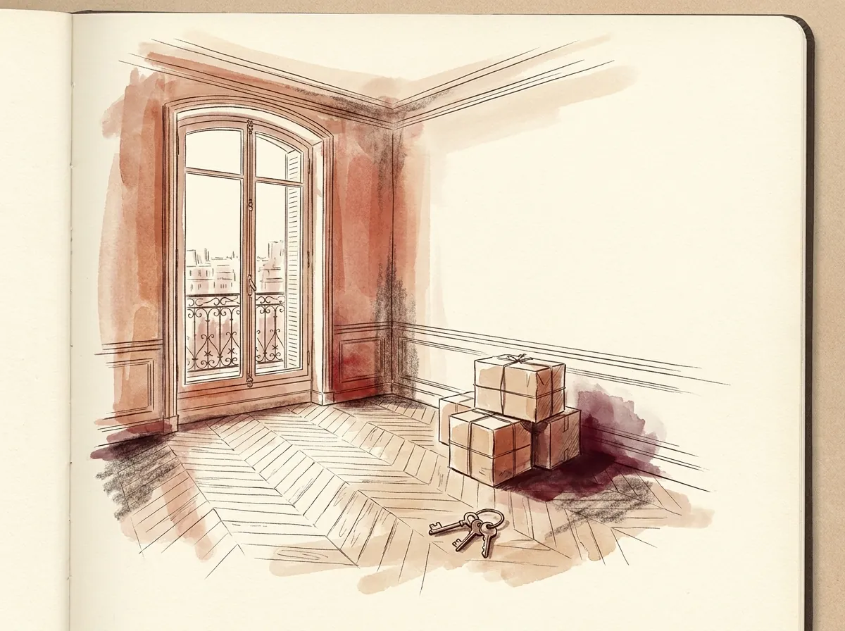 Illustration d'un appartement haussmannien avec des cartons de déménagement