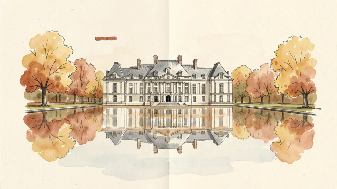 Illustration style carnet de voyage du château de Chantilly reflété dans l'eau avec des arbres aux couleurs d'automne