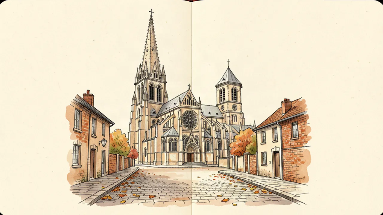 Illustration style carnet de voyage de la cathédrale de Chartres avec ses deux flèches et ses vitraux, vue depuis une rue pavée
