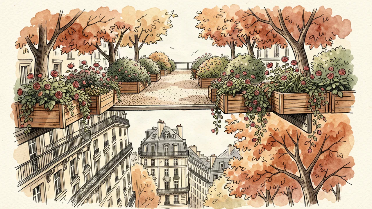 Illustration carnet d'une promenade plantée suspendue au-dessus d'une avenue parisienne bordée d'arbres