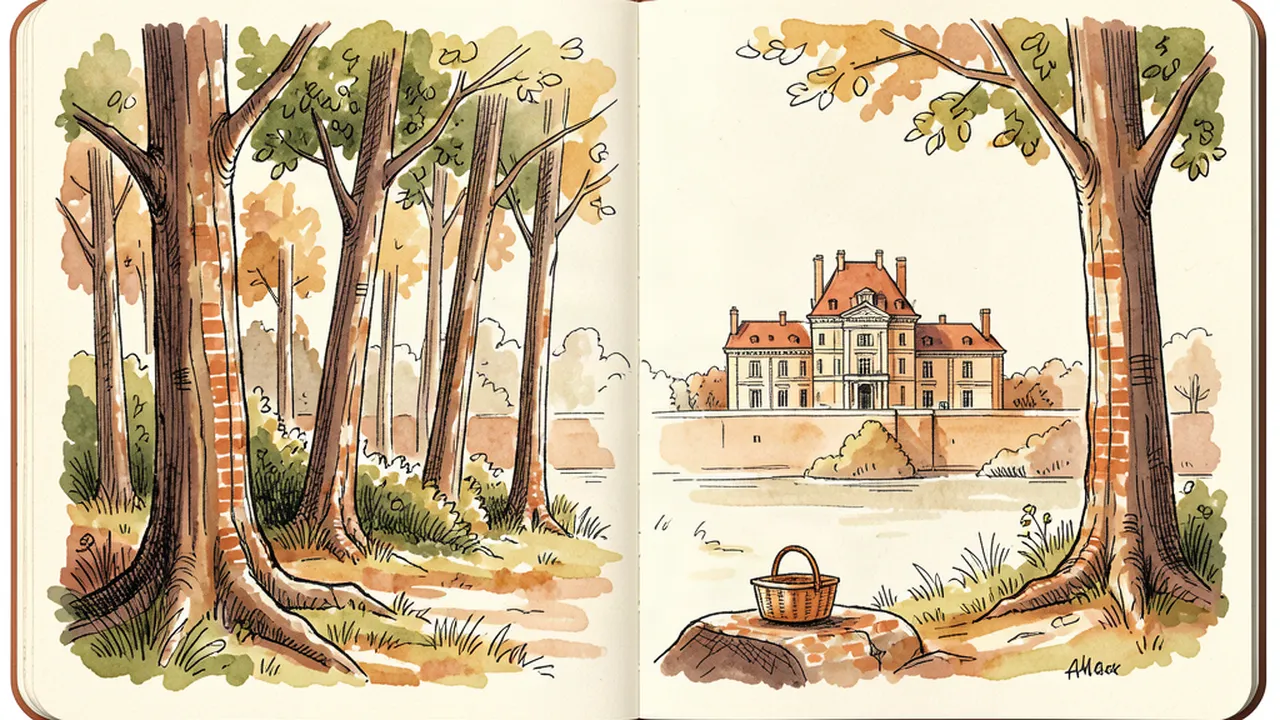 Illustration style carnet de voyage de la forêt de Fontainebleau avec le château en arrière-plan et un panier pique-nique sur un rocher