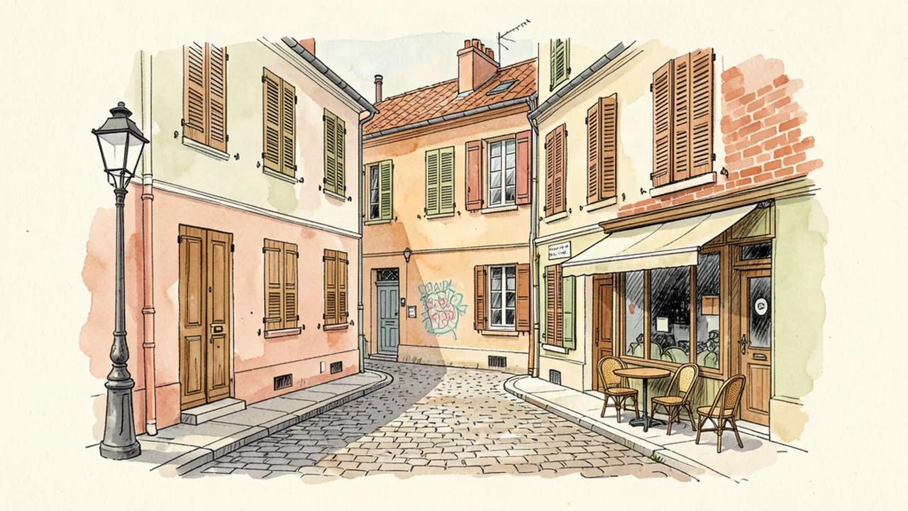 Illustration d'une rue pavée de la Butte aux Cailles avec des maisons basses colorées et des graffitis