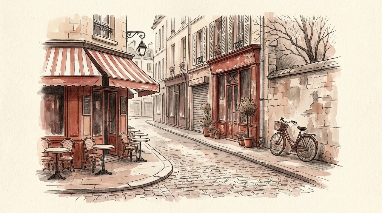 Illustration d'une rue pavée du Marais avec un café de coin et un vélo