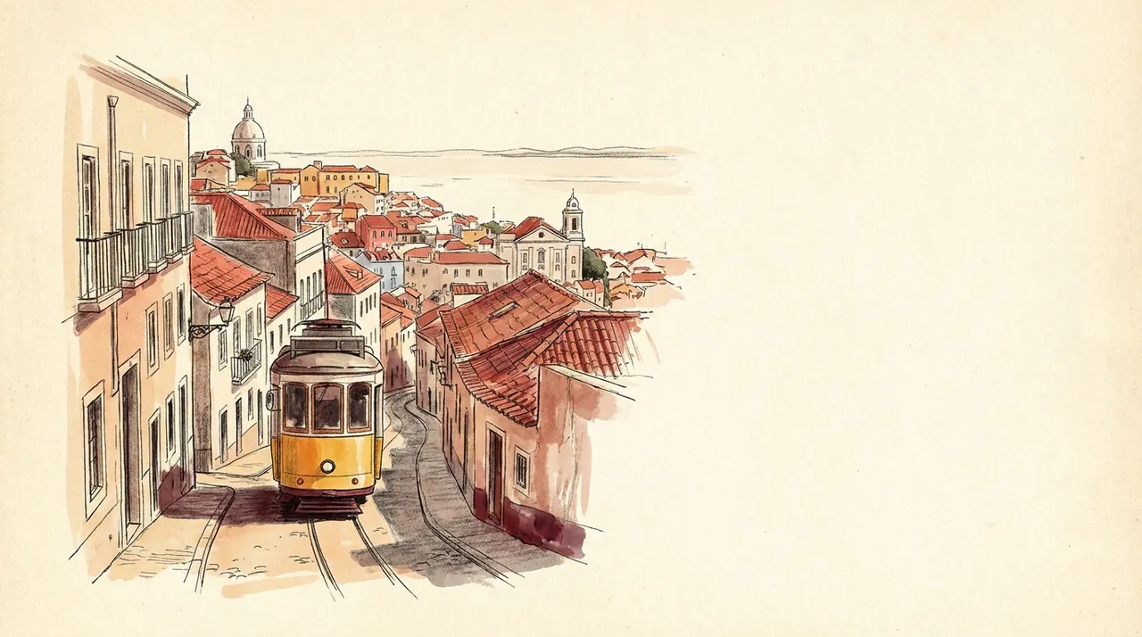 Illustration des toits de l'Alfama à Lisbonne avec un tram jaune
