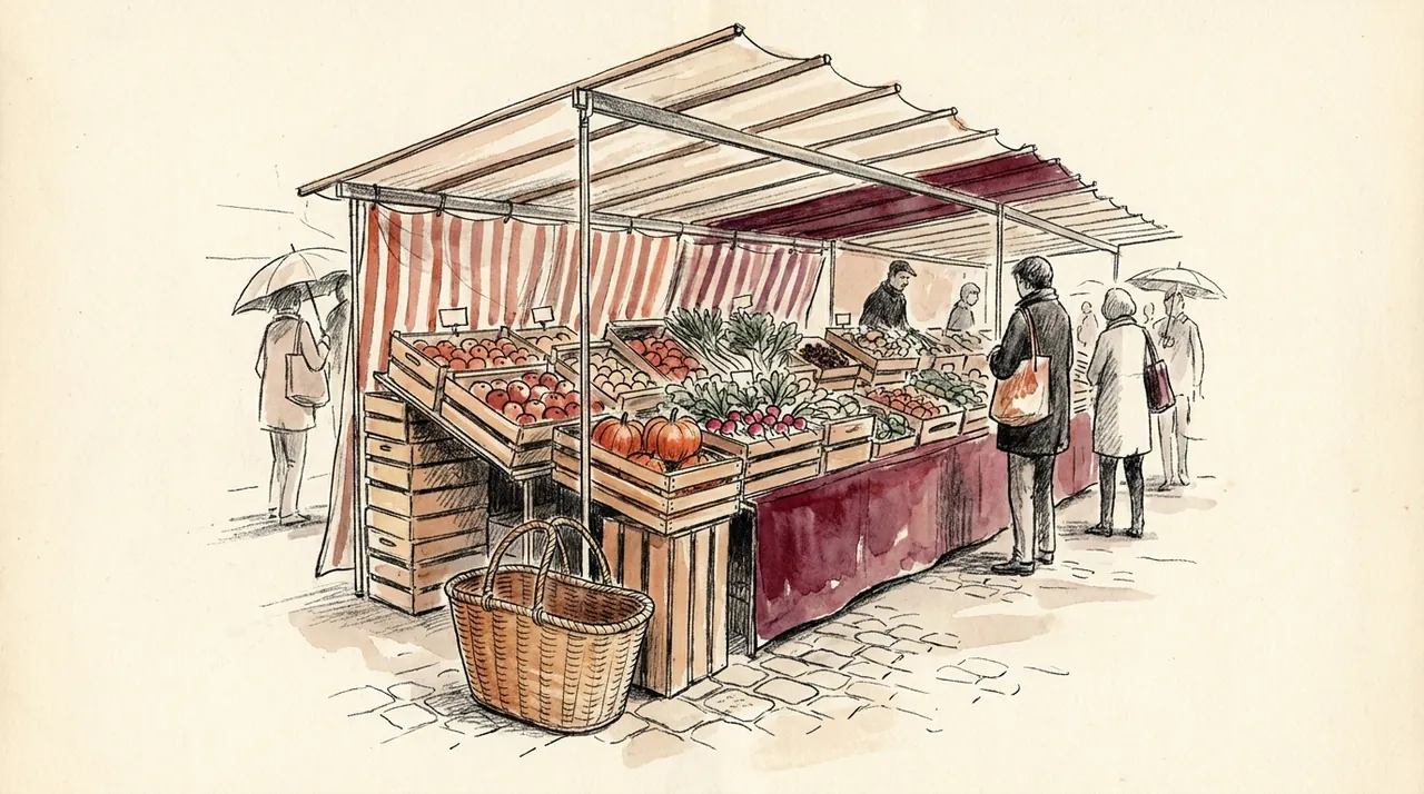 Illustration d'un étal de marché parisien avec un panier en osier