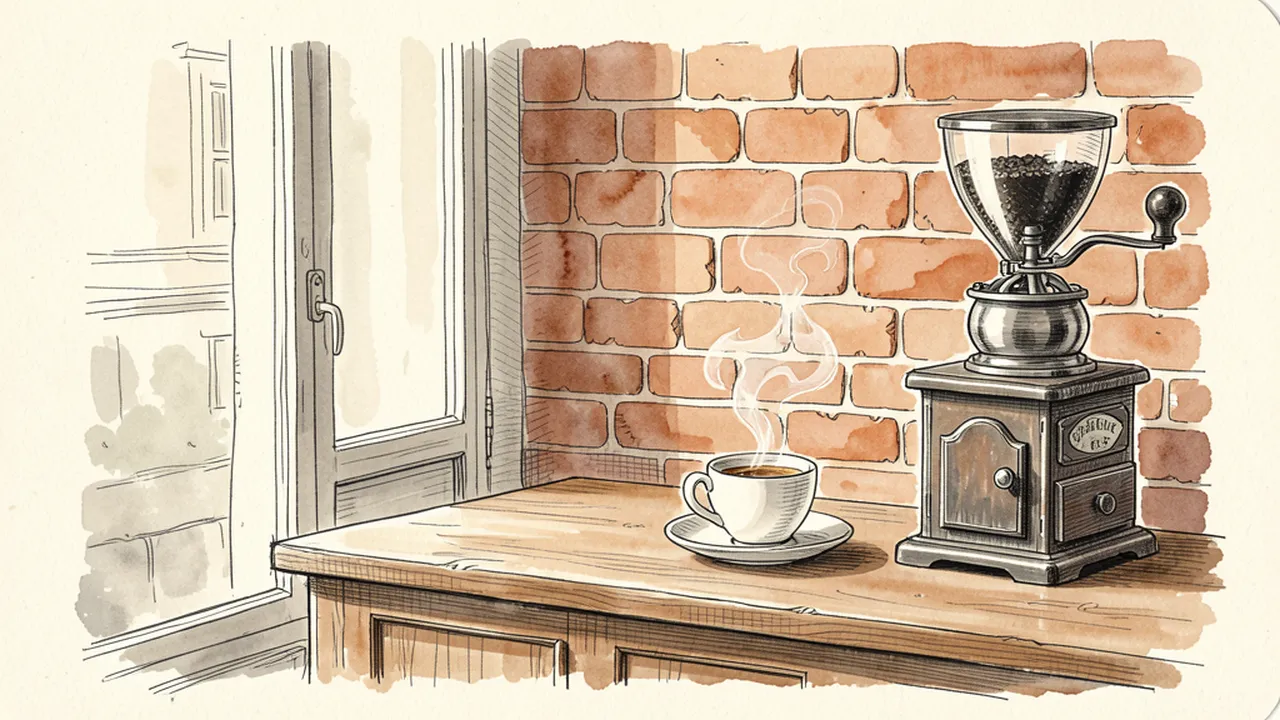 Illustration d'un café parisien avec une tasse fumante et un comptoir en bois