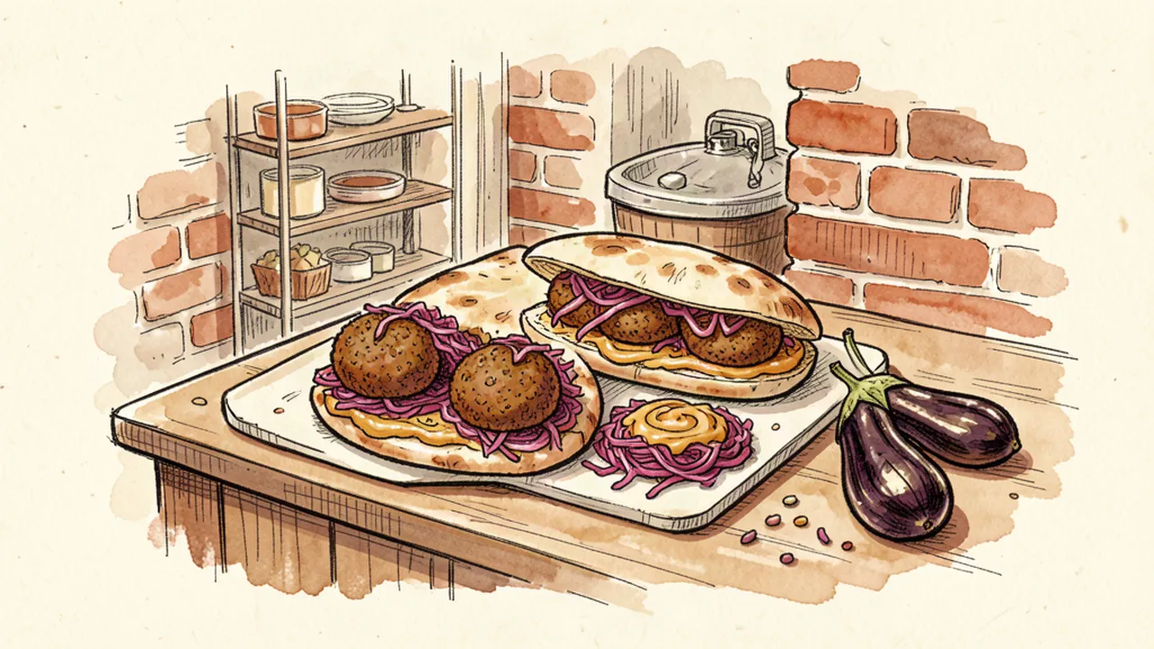 Illustration carnet d'une pita falafel garnie de boulettes, de chou rouge et de sauce tahini sur un comptoir de la rue des Rosiers