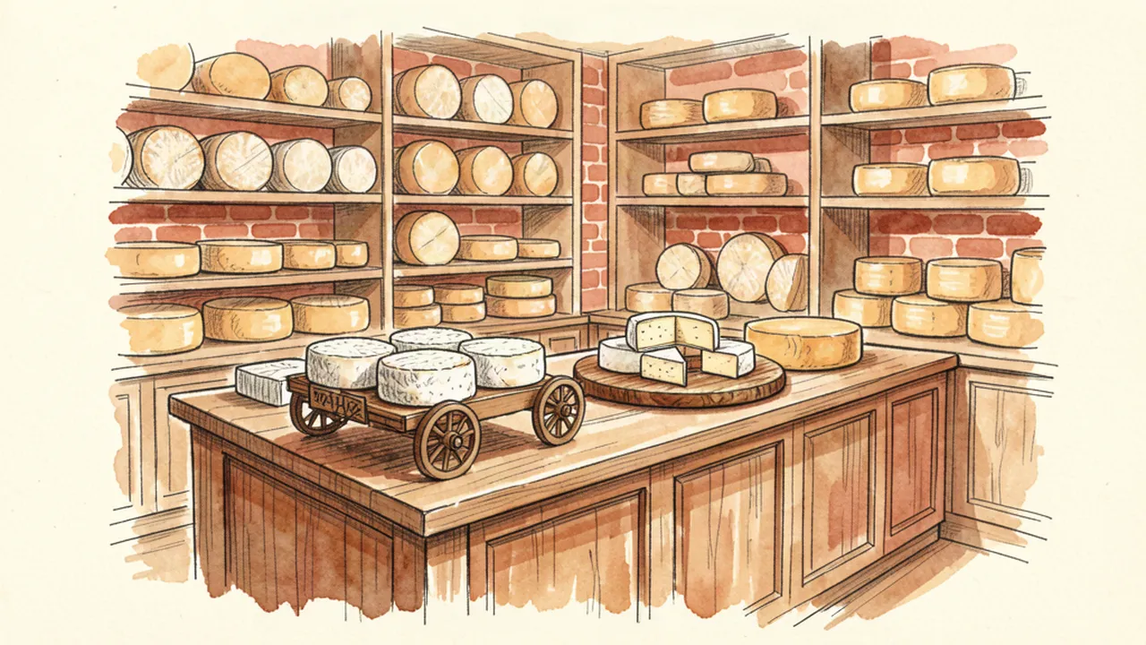 Illustration d'un comptoir de fromagerie parisienne avec des meules de comté et des tommes sur des planches en bois