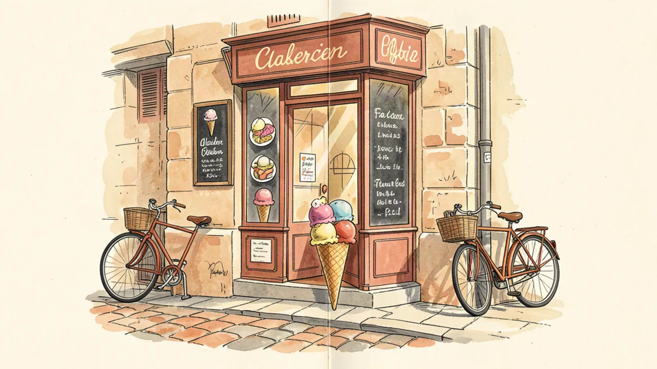 Illustration d'une devanture de glacier artisanal parisien avec un cornet de glace