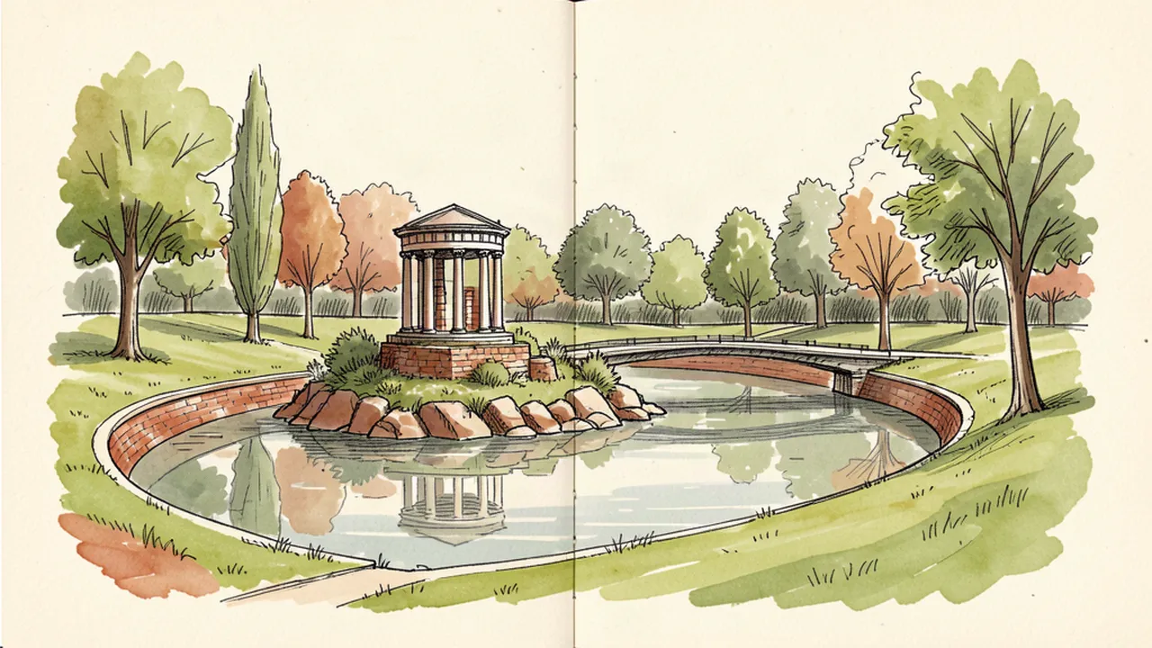Illustration carnet du parc des Buttes-Chaumont avec le lac, l'île et son temple