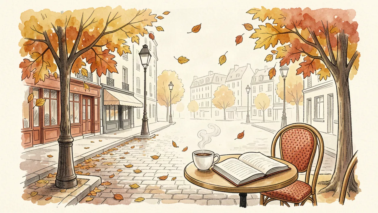 Illustration carnet d'une place parisienne en octobre avec des feuilles dorées, un lampadaire et une tasse de café