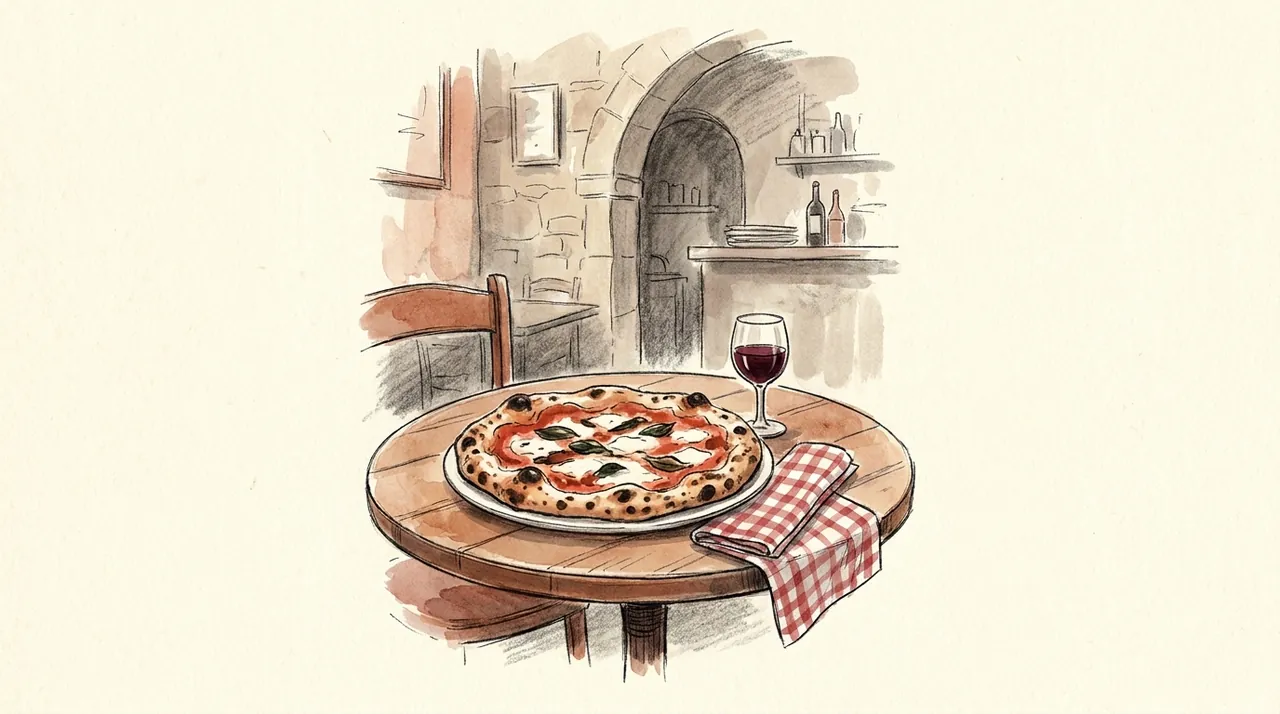 Illustration d'une pizza napolitaine sur une table de bistrot