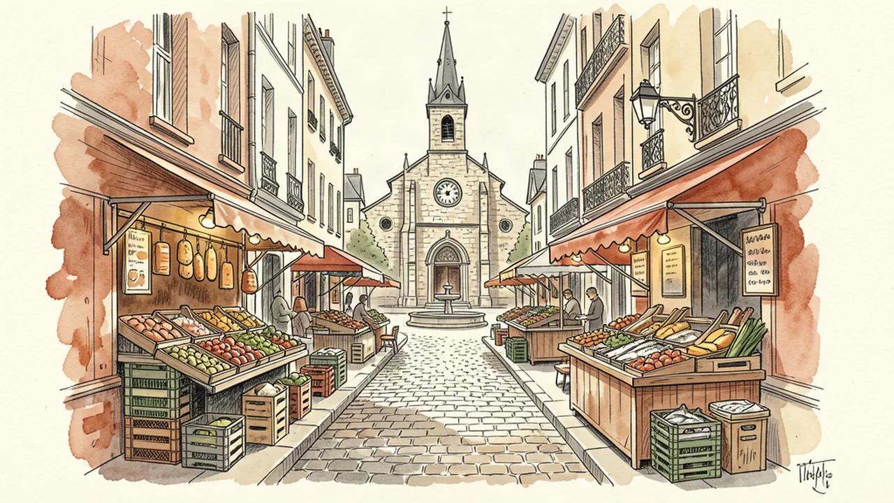 Illustration d'une rue pavée du 5e arrondissement avec des étals de marché et une église au bout