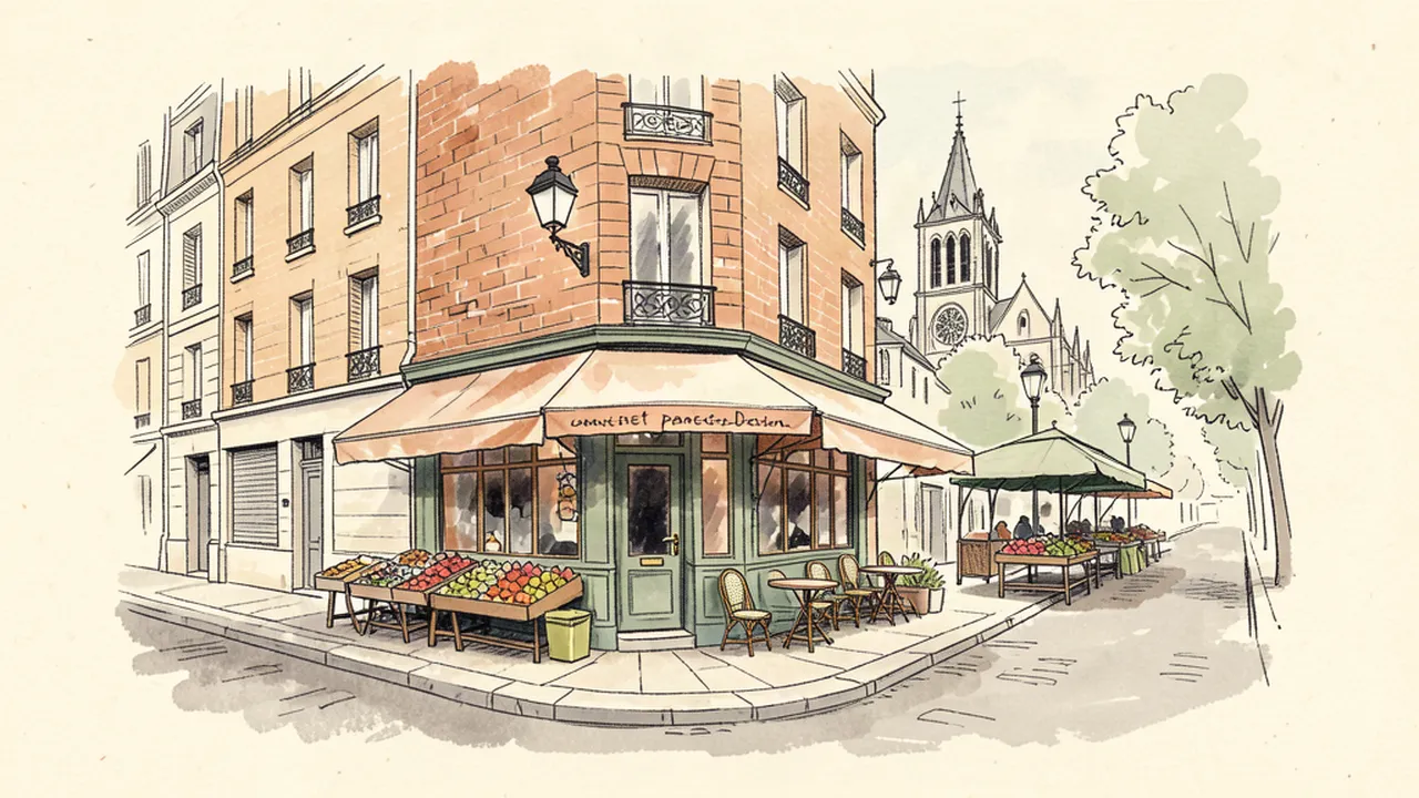 Illustration carnet d'une rue de Saint-Germain-des-Prés avec un café d'angle, des étals de marché et l'église au loin
